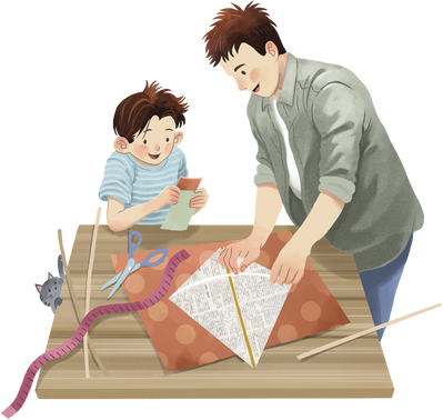 Painterly Father and Son Making a Kite