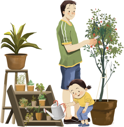 Painterly Father and Daughter Gardening